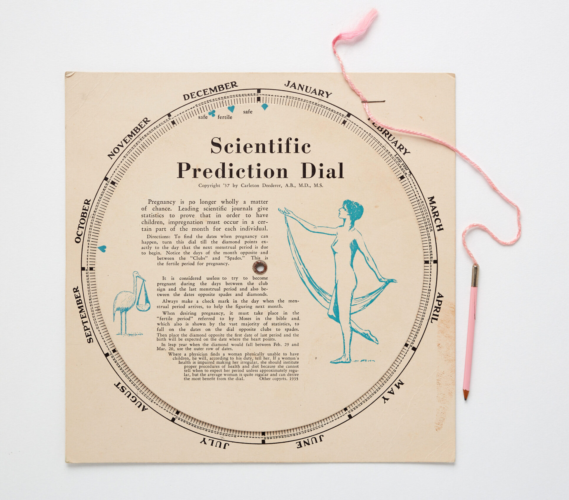 Image of a 1930's era mensuration prediction dial made of paper with a pencil attached with pink thread.