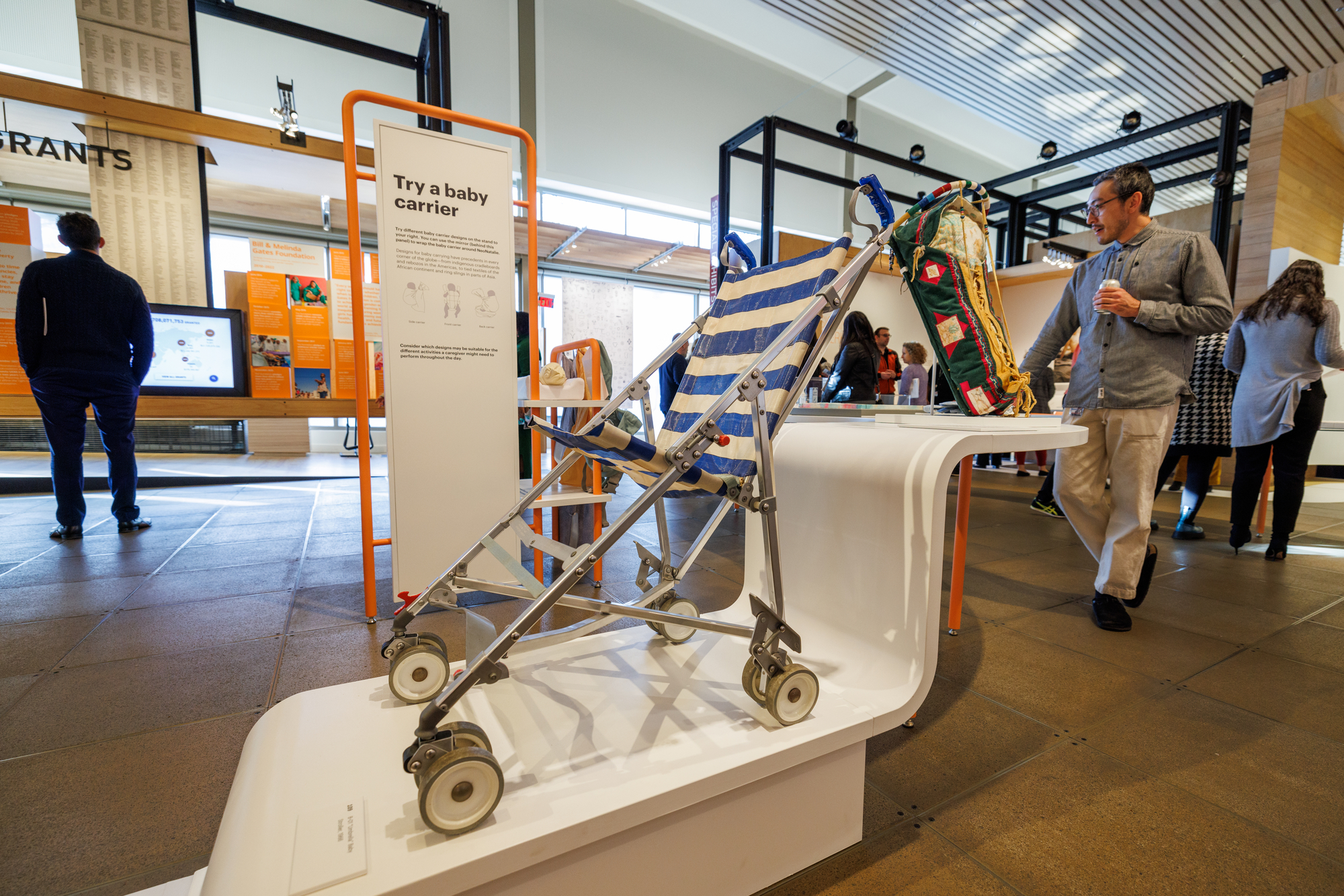 View of a stroller in the gallery space on display in the "Designing Motherhood" exhibition.