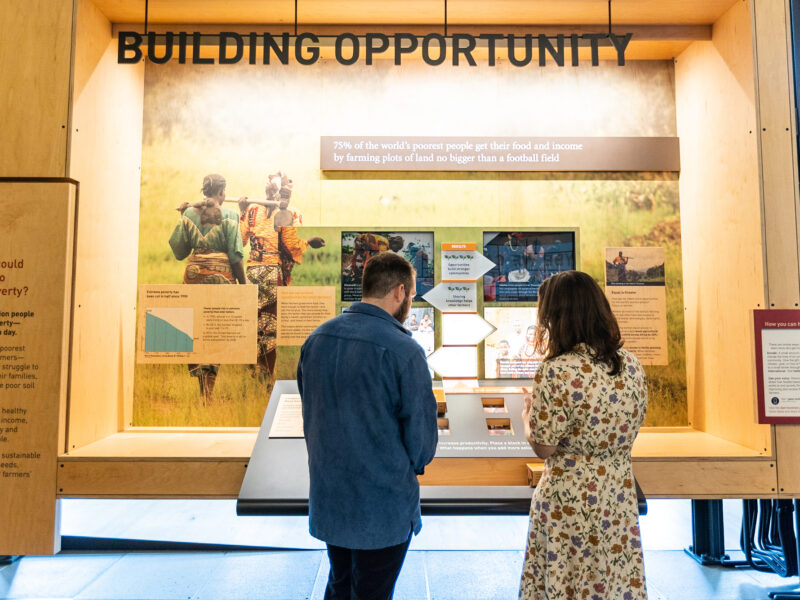A man and a woman look at a exhibit on display in the Discovery Center.