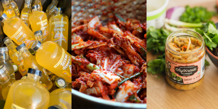 Three images of gut-friendly foods, kombucha, kimchee, and sauerkraut.