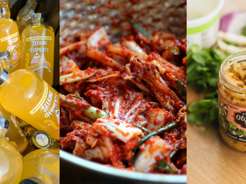 Three images of gut-friendly foods, kombucha, kimchee, and sauerkraut.