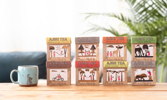 multi-colored Ajiri Tea boxes stacked up on display