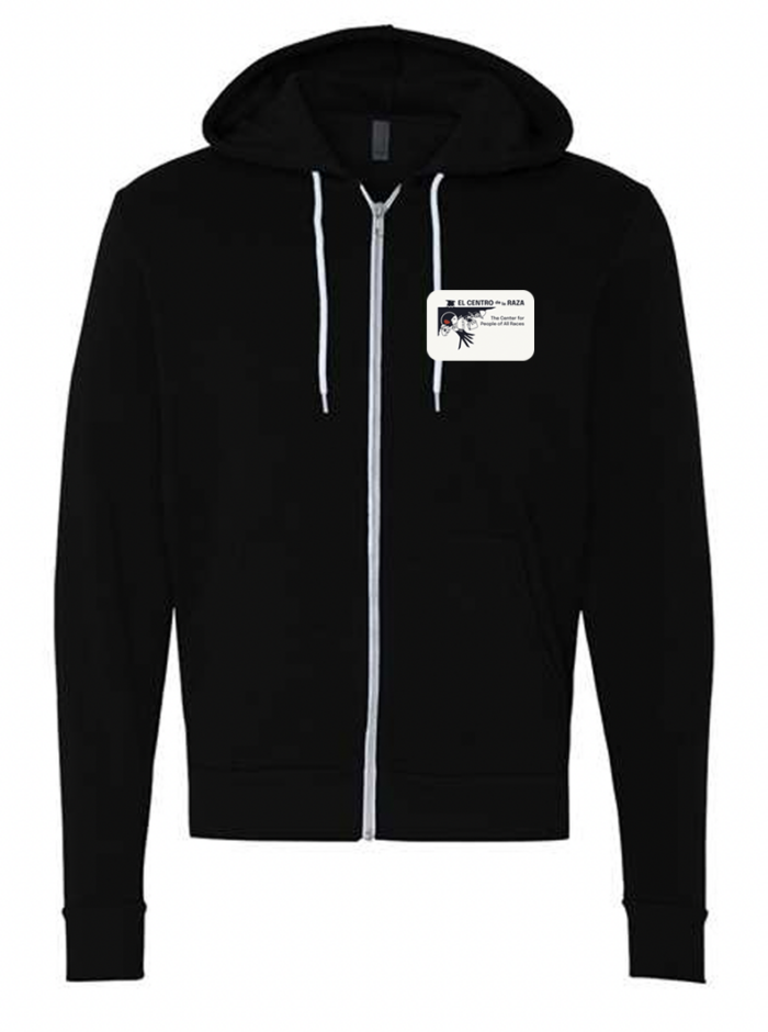 Black zipped hoodie on a white background.