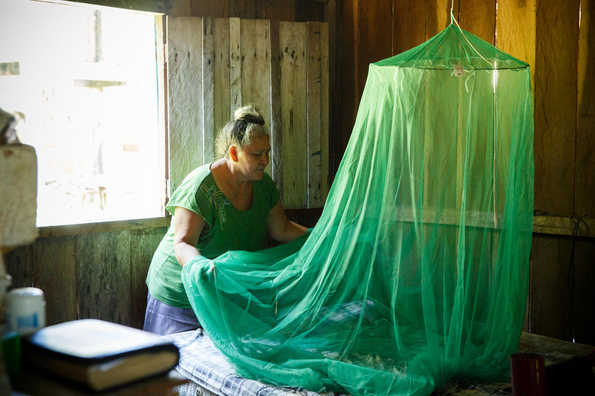Women installs a mosquito net around her bed